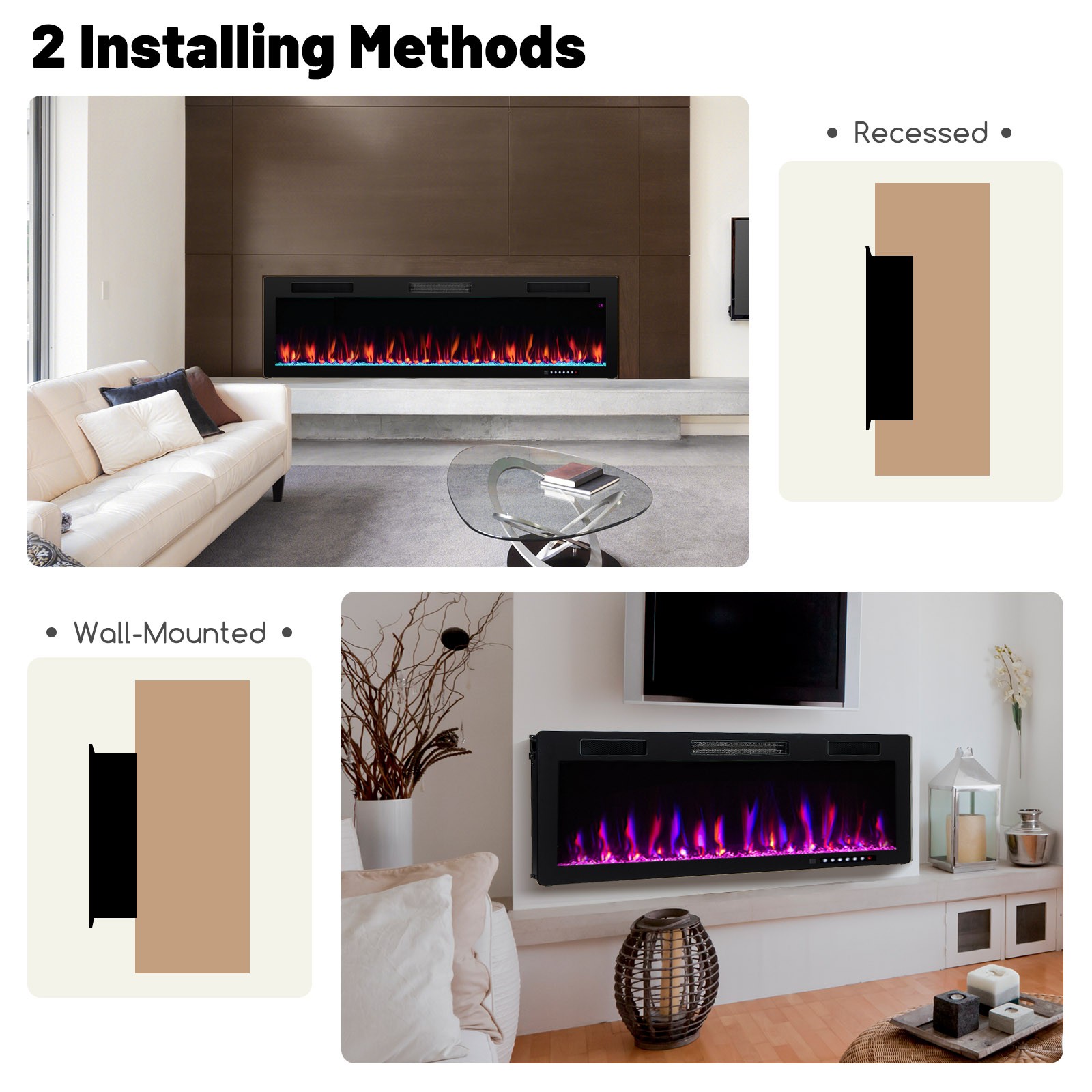 60" Linear Electric Fireplace 1500W Recessed Wall-Mounted w/ Multi-Color Flame