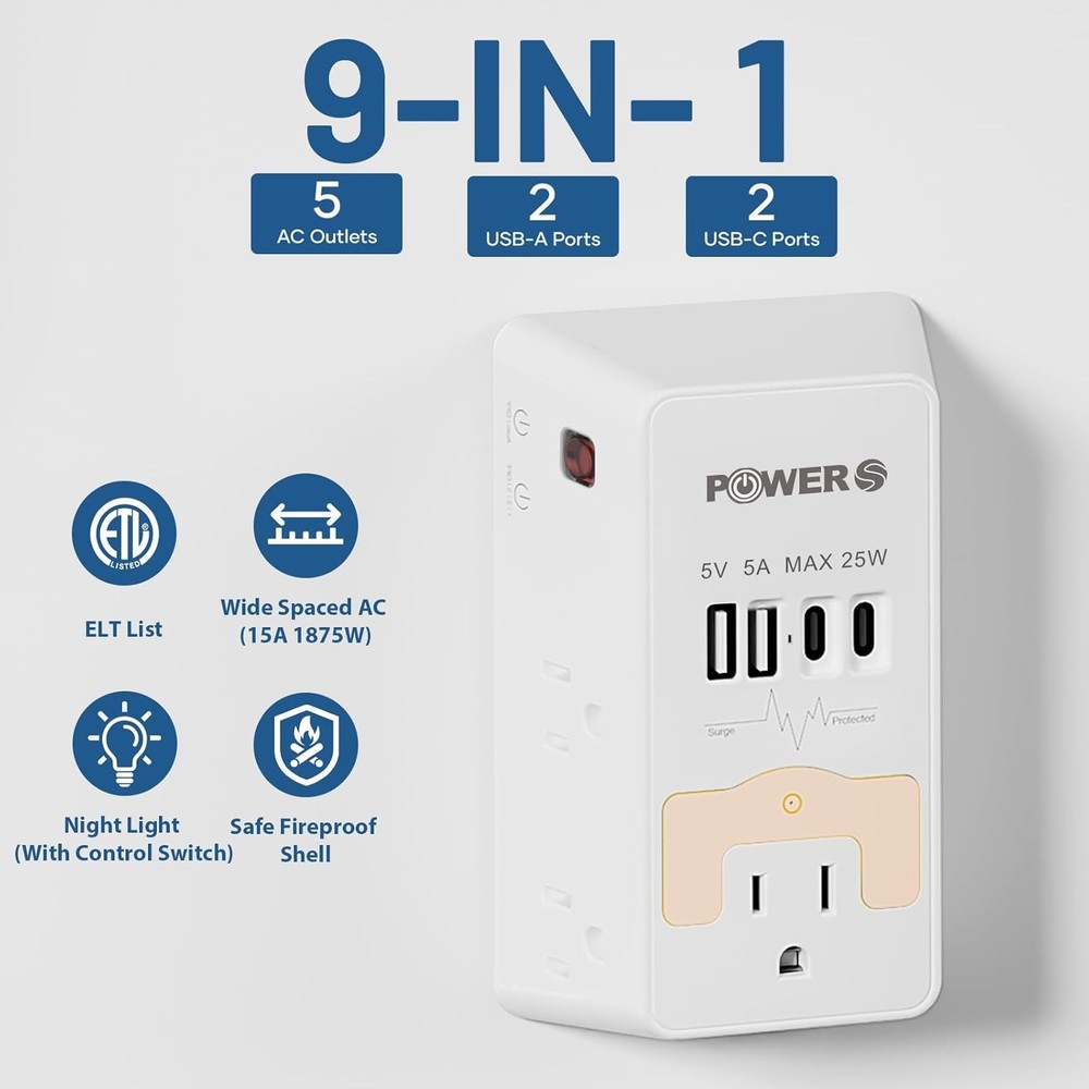 2 Pack Multi Plug Wall Outlet with USB Ports and Night Light