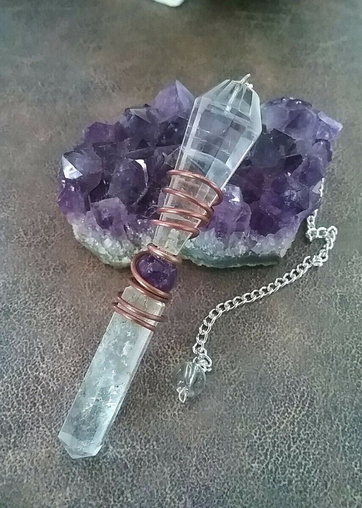 CRYSTAL QUARTZ Dowsing PENDULUM, Double Crystal Pendulum With Amethyst & Copper