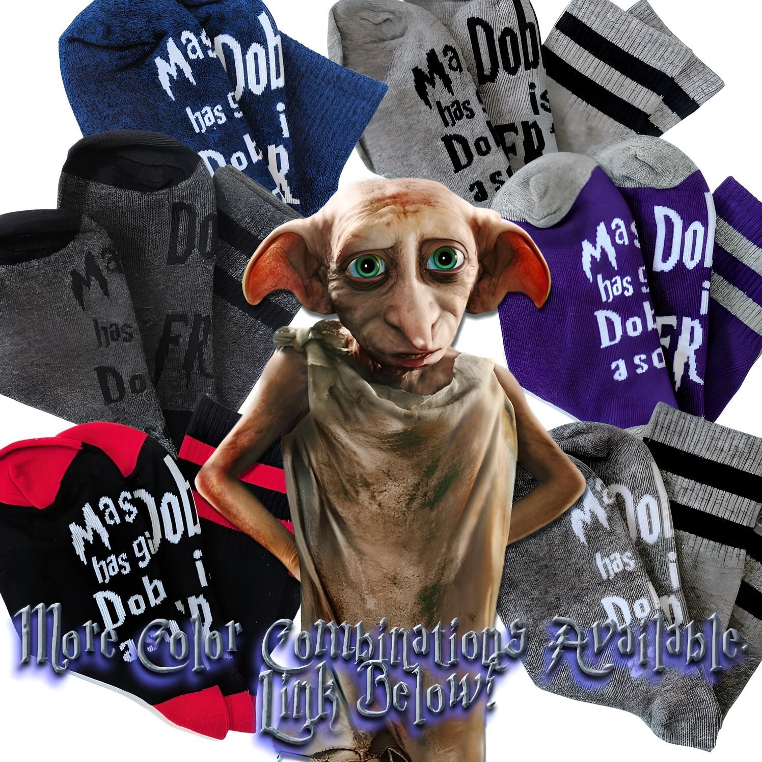 DOBBY SOCKS (1 Pair) Harry Potter Gray/Black Grippy Text Bottom (Magical Gift!)