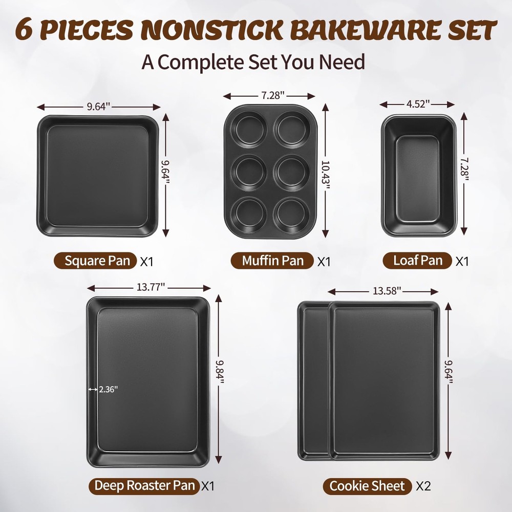 Baking Pans Set, Nonstick Bakeware Sets, Oven 6 Pieces Dark Gray