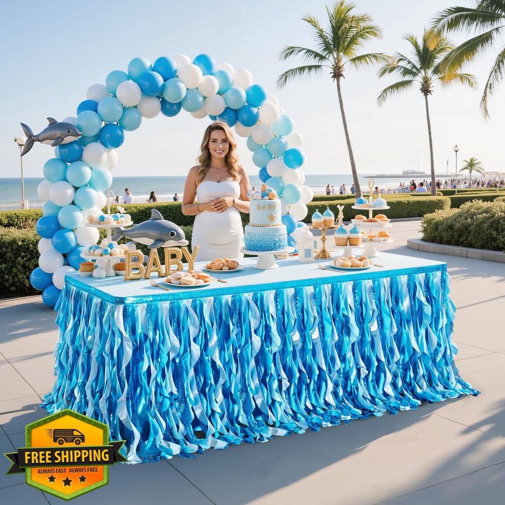 6Ft Gradient Blue Sequin Table Skirt for Rectangle Tables