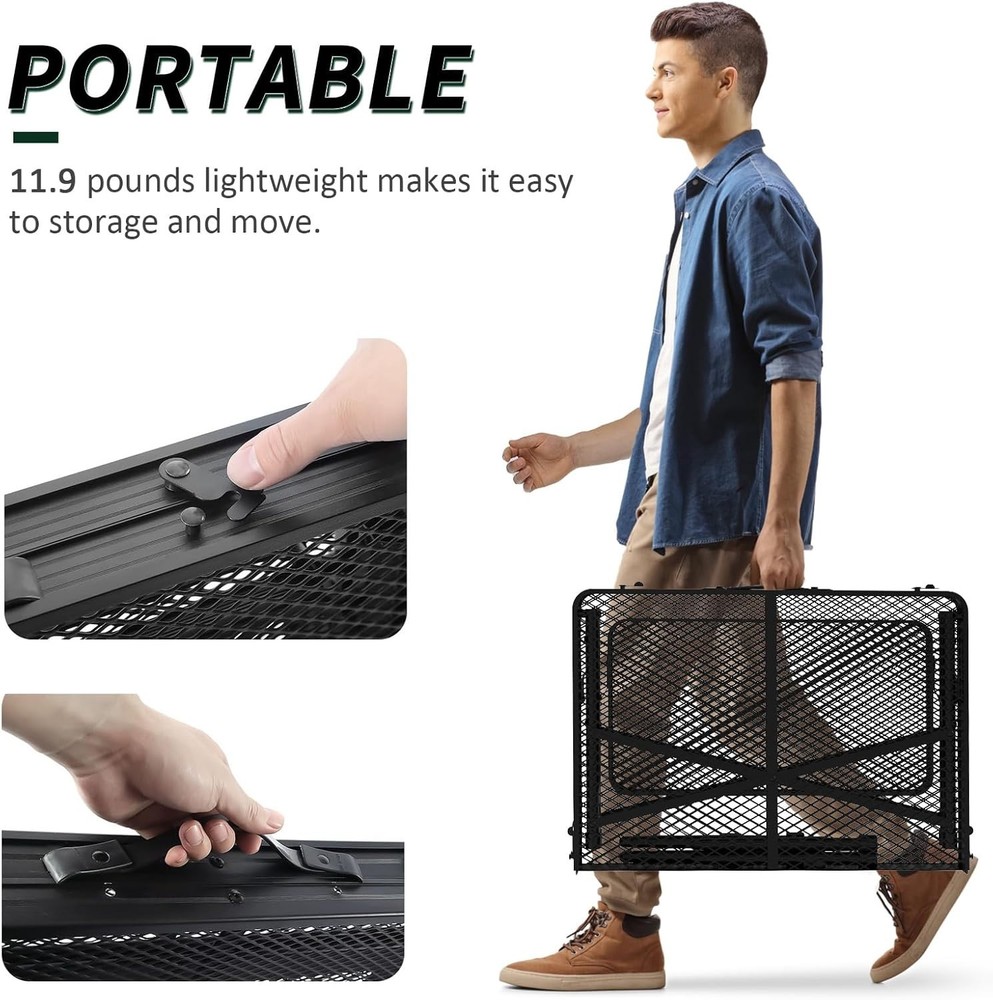 Folding Camping Table – 3x2FT with Mesh Desktop & Adjustable Wings, Black