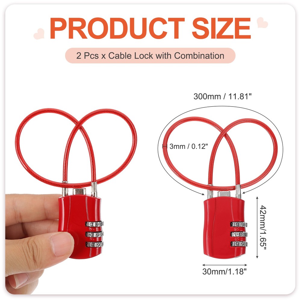 2Pack 3 Digit Luggage Cable Combination Lock with 12" Long Cable Red