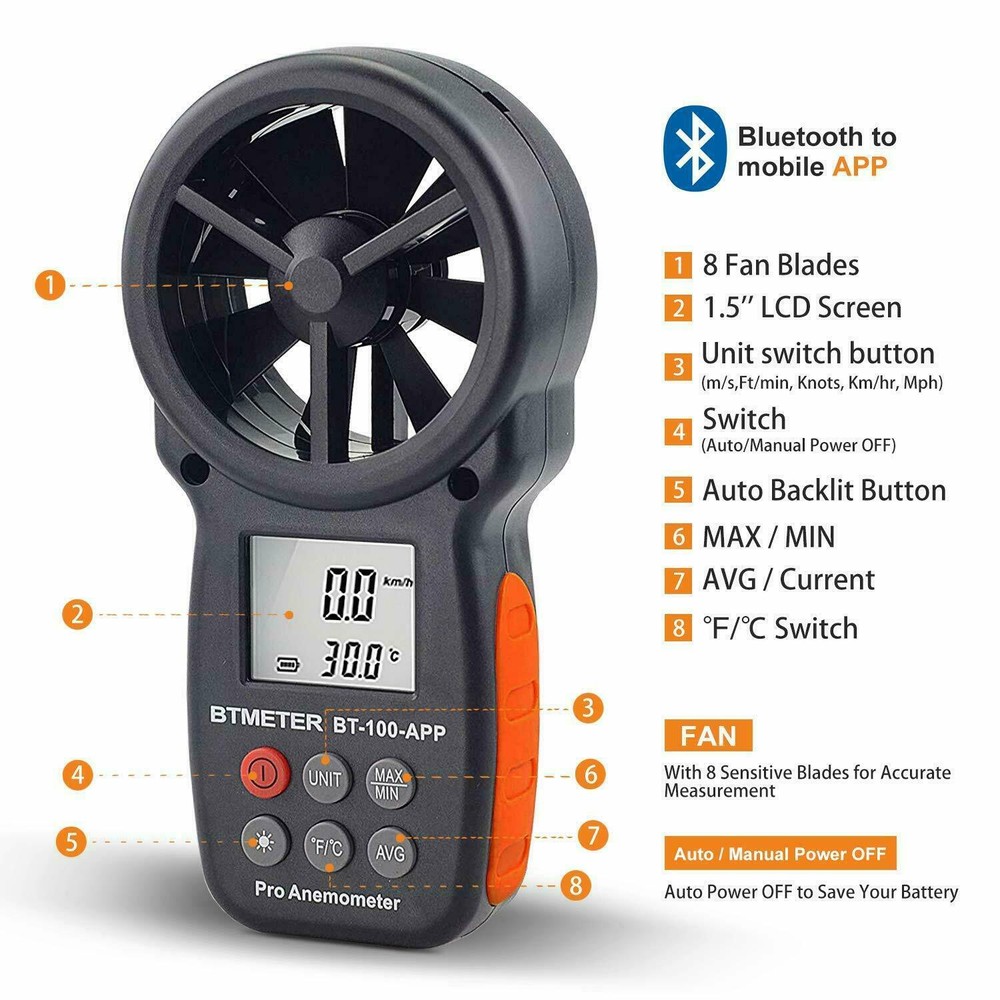 US BTMETER Wind Speed Meter Temperature Altitude Humidity Anemometer Barometer