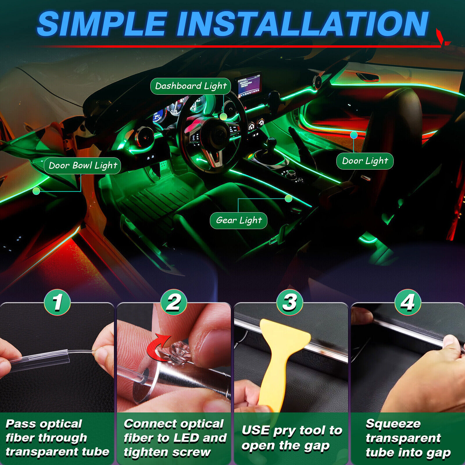 RGB 8 in 1 Interior Car LED Strip Lights Car Neon Accent Lighting Kit