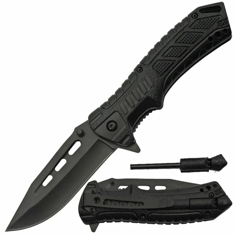 Spring-Assist Folding Knife | Survival Black 3.5" Blade + Firestarter & Whistle