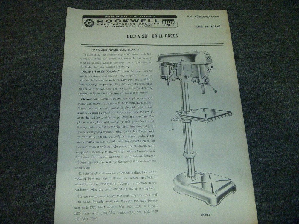 Rockwell-Delta 20" Drill Press Owner Operator Instruction Manual User Guide