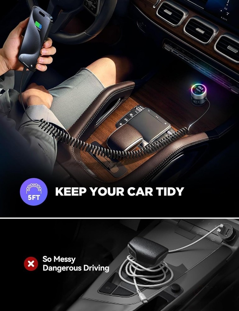 Bluetooth 5.4 FM Transmitter Car Adapter for iPhone 17 60W PD 3.0 Fast Charge...