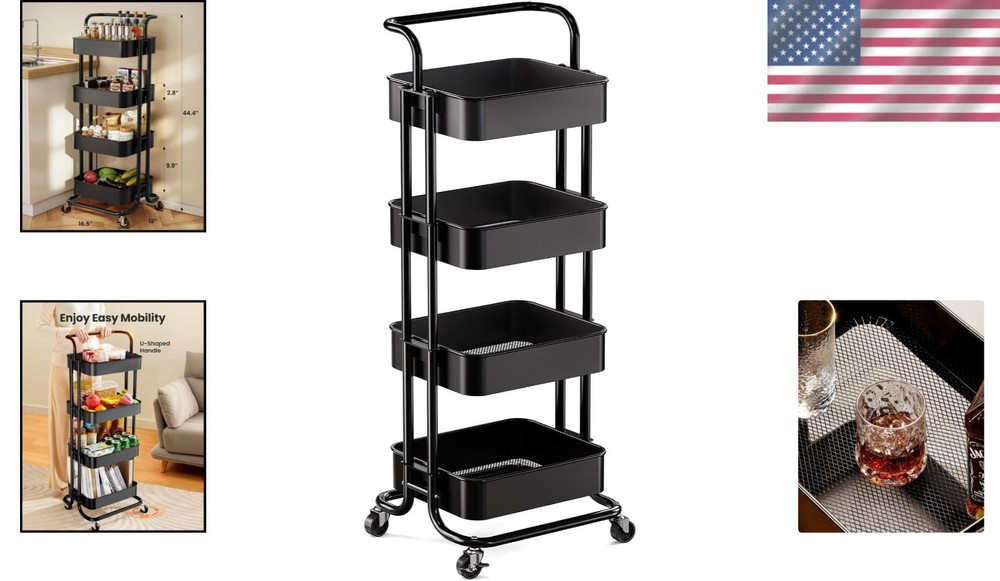 Space-Saving 4 Tier Metal Utility Cart, Easy Assembly Rolling Storage w/ Handle
