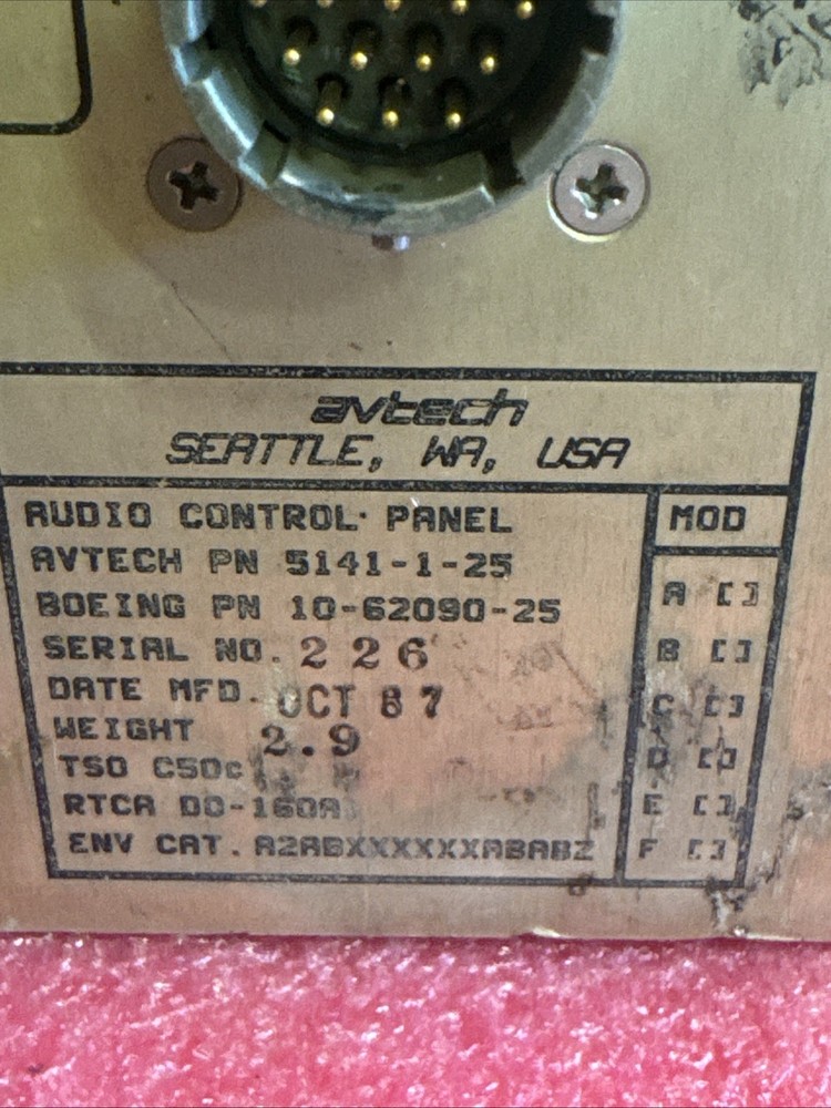 Avtech Audio Control Panel 5141-1-25 *UNTESTED* bin31