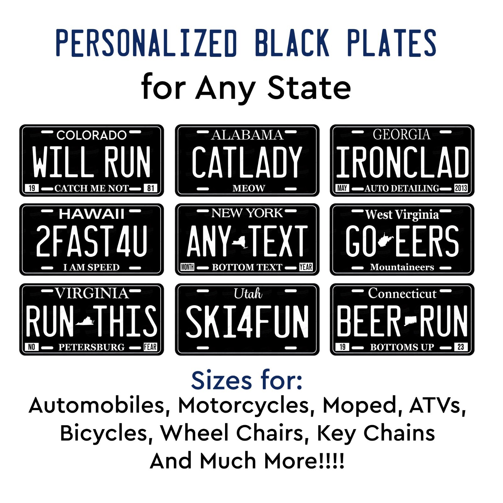 Personalize Custom Black License Plate Tag for Any State Auto Car ATV Bicycle