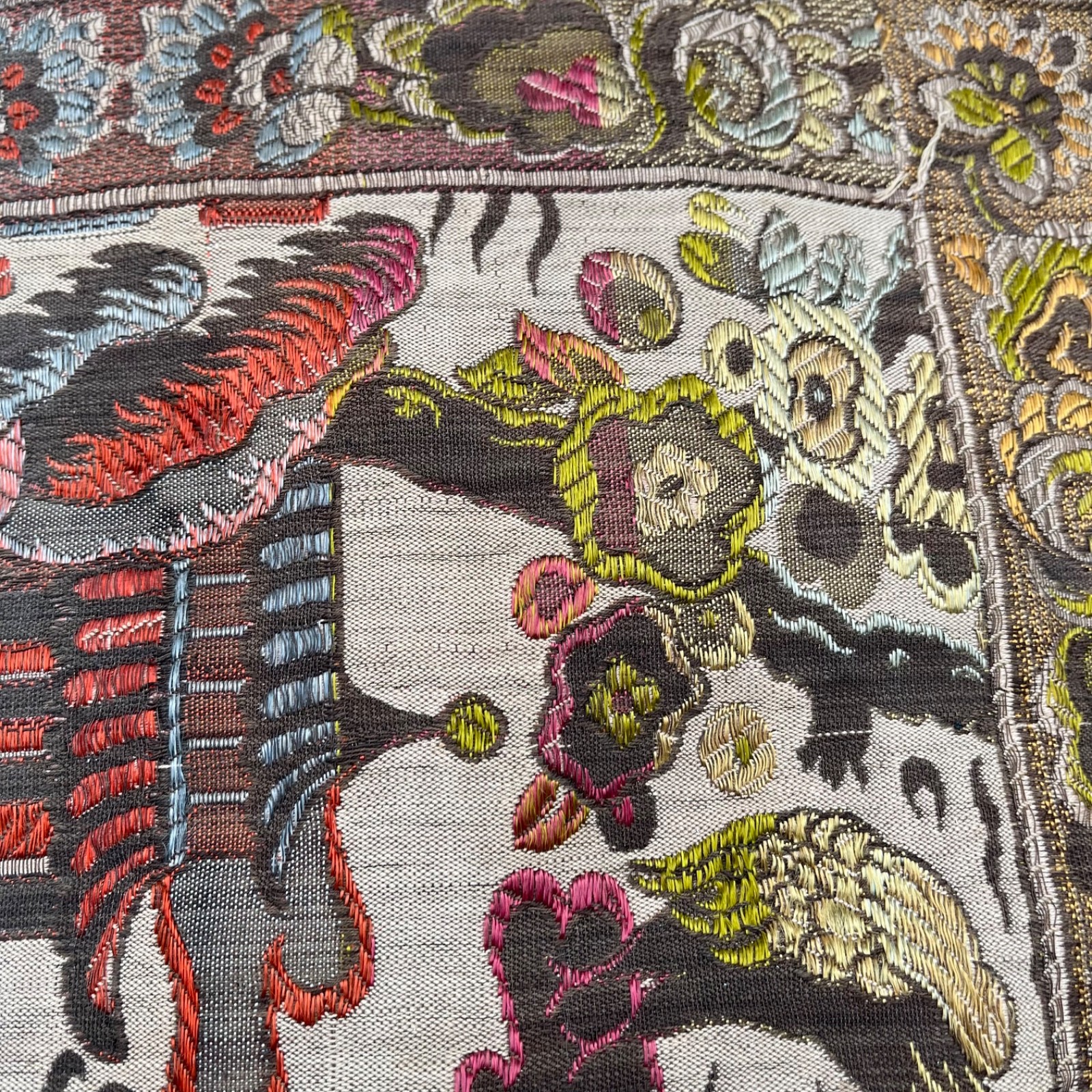 Vintage Asian Silk Hand Embroidered Textile 48 x 17 Panel Runner Pagoda Scene