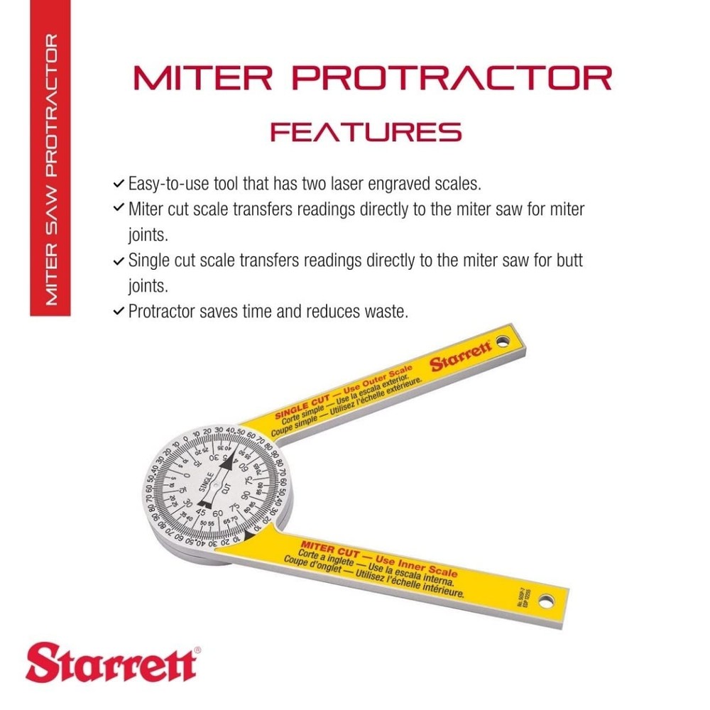 Starrett ProSite Miter Protractor Angle Finder - Two Laser Engraved Scales