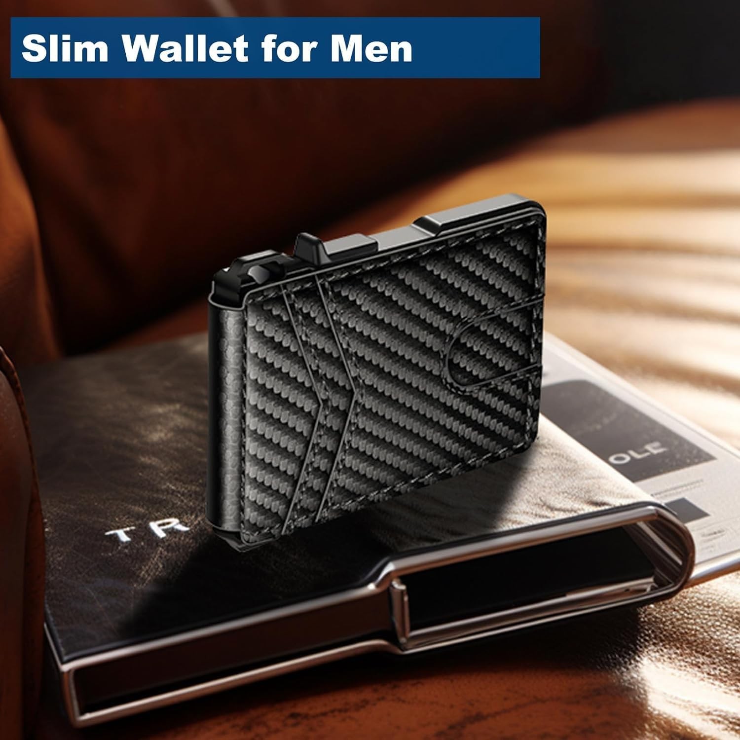 Men's Slim PopUp Bifold Carbon Fiber Wallet, RFID Blocking, Money Clip, Men Gift