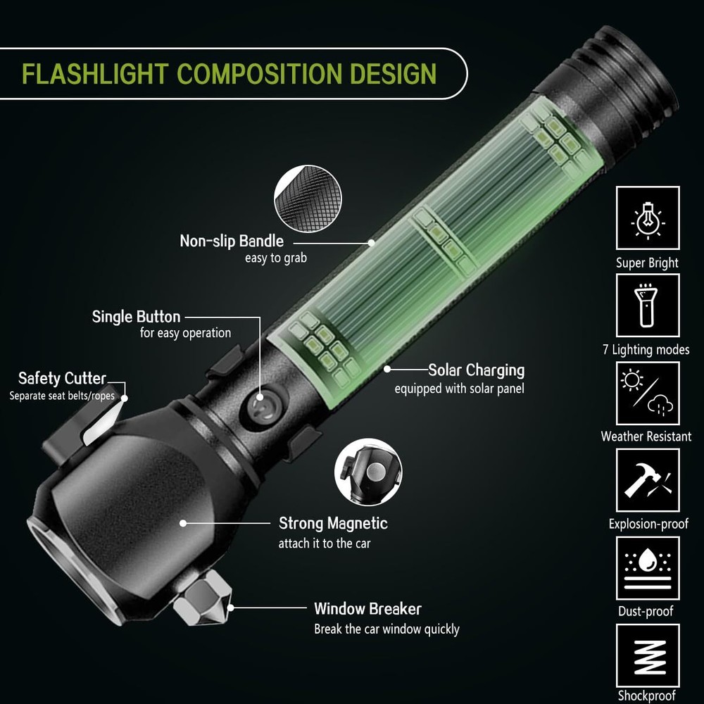 Rechargeable Solar Powered Flashlight Multi Function LED Tactical Flashlight ...