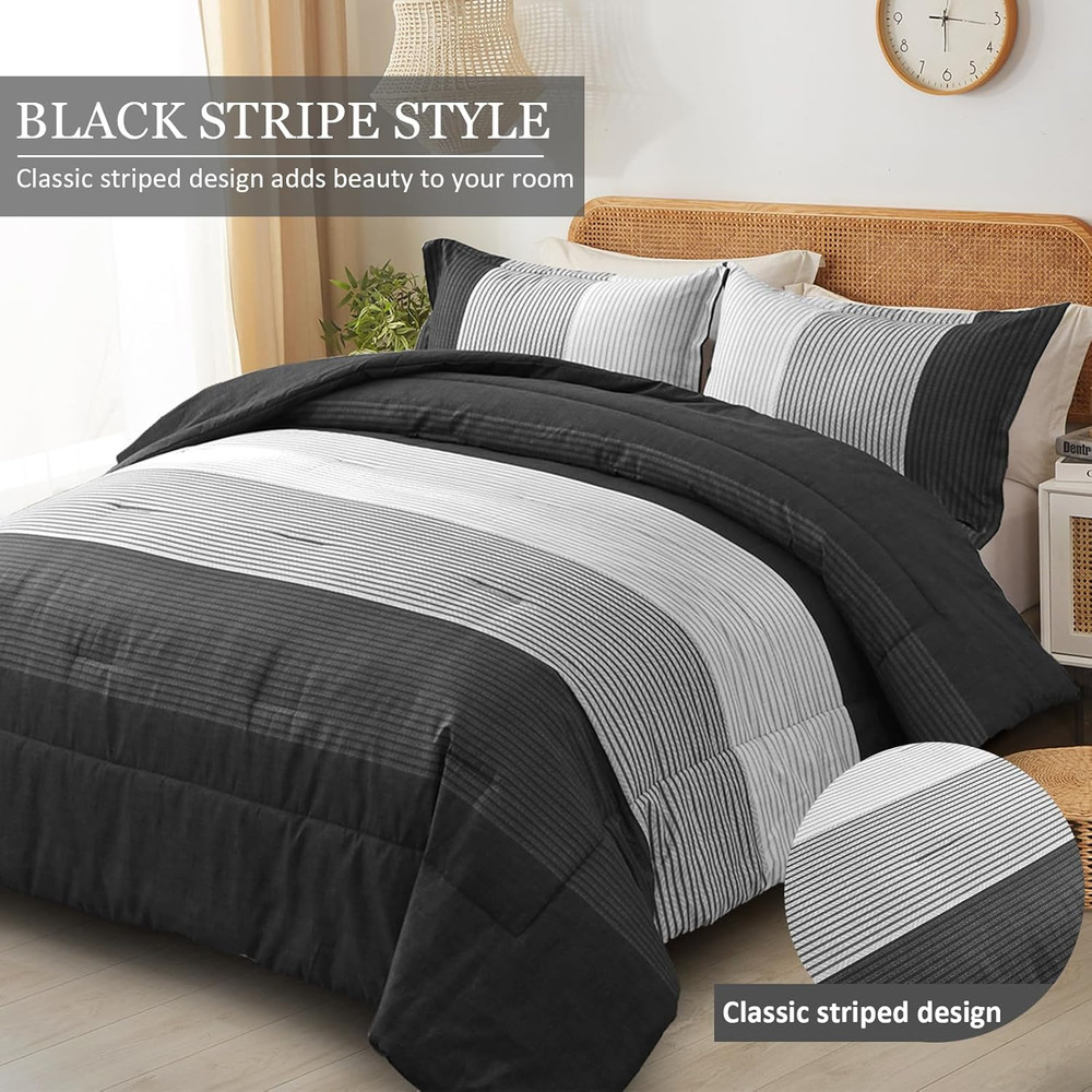 Black Comforter Set Queen, Reversible Black Grey Stripe down Alternative Comfort