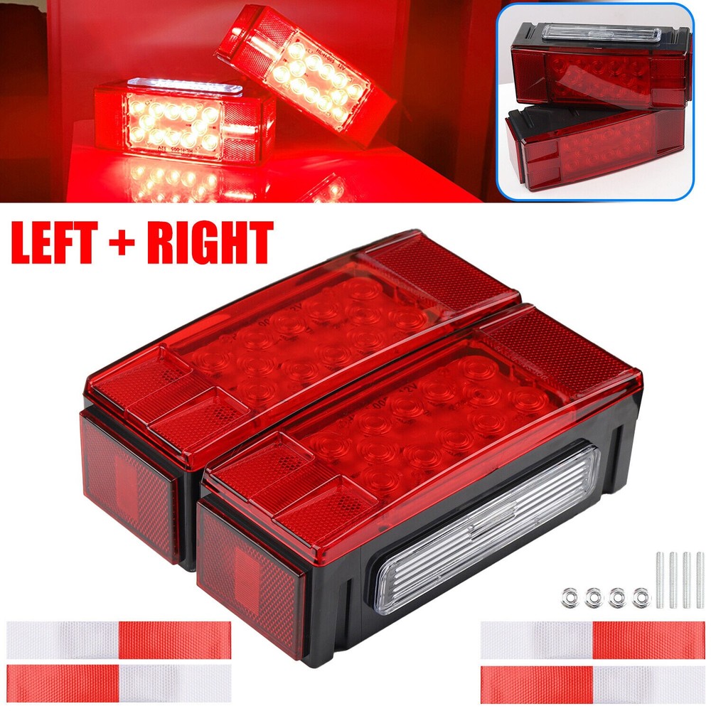 Left+Right LED Waterproof Red Trailer Boat Rectangle Stud Stop Turn Tail Lights
