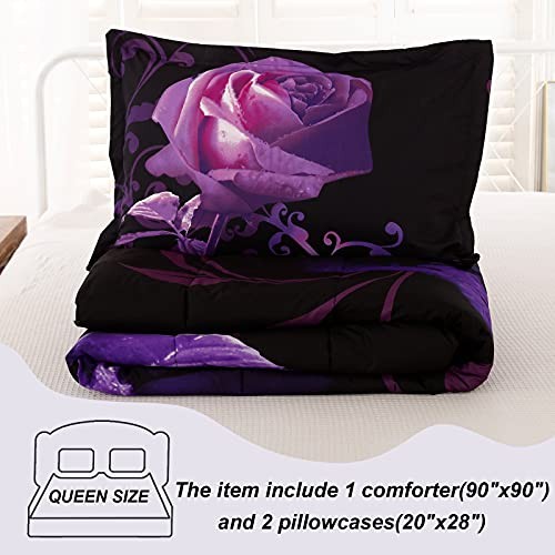 Purple Comforter Set Reversible Purple Rose Pattern Printed Bedding Down Queen