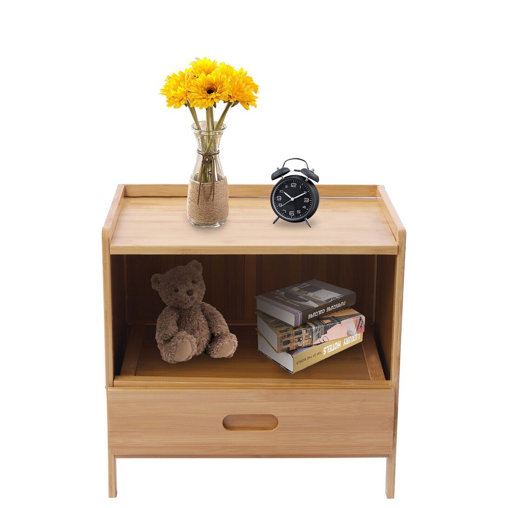 Bedroom Storage Organizer Side Table Bamboo Bedside Nightstand End Table+Drawer