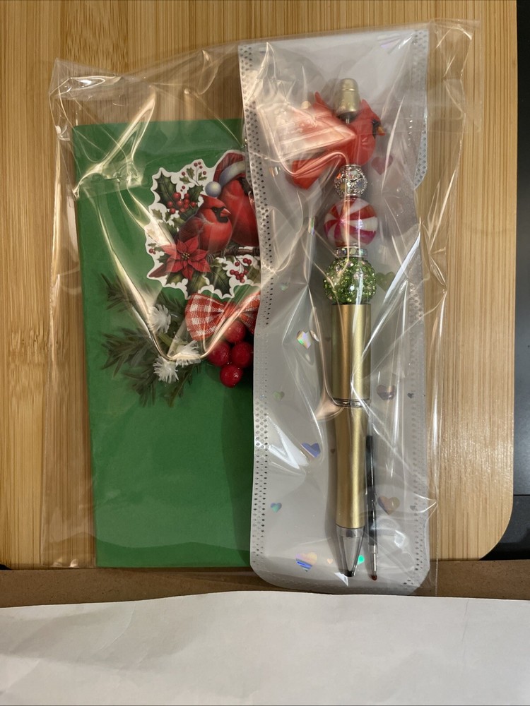HANDCRAFTED RED BIRD BEADED PEN & NOTE PAD SET