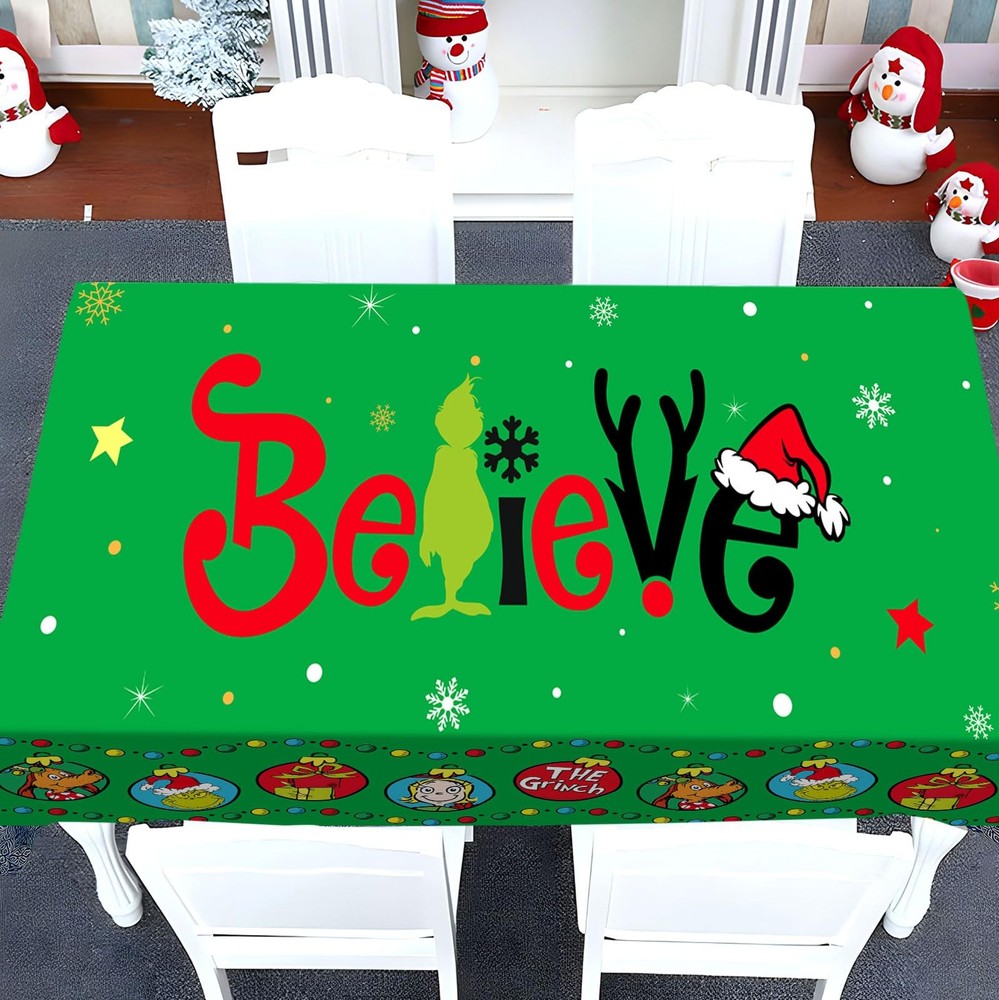Green Christmas Tablecloth Winter Believe Party Decoration Rectangular Holida...
