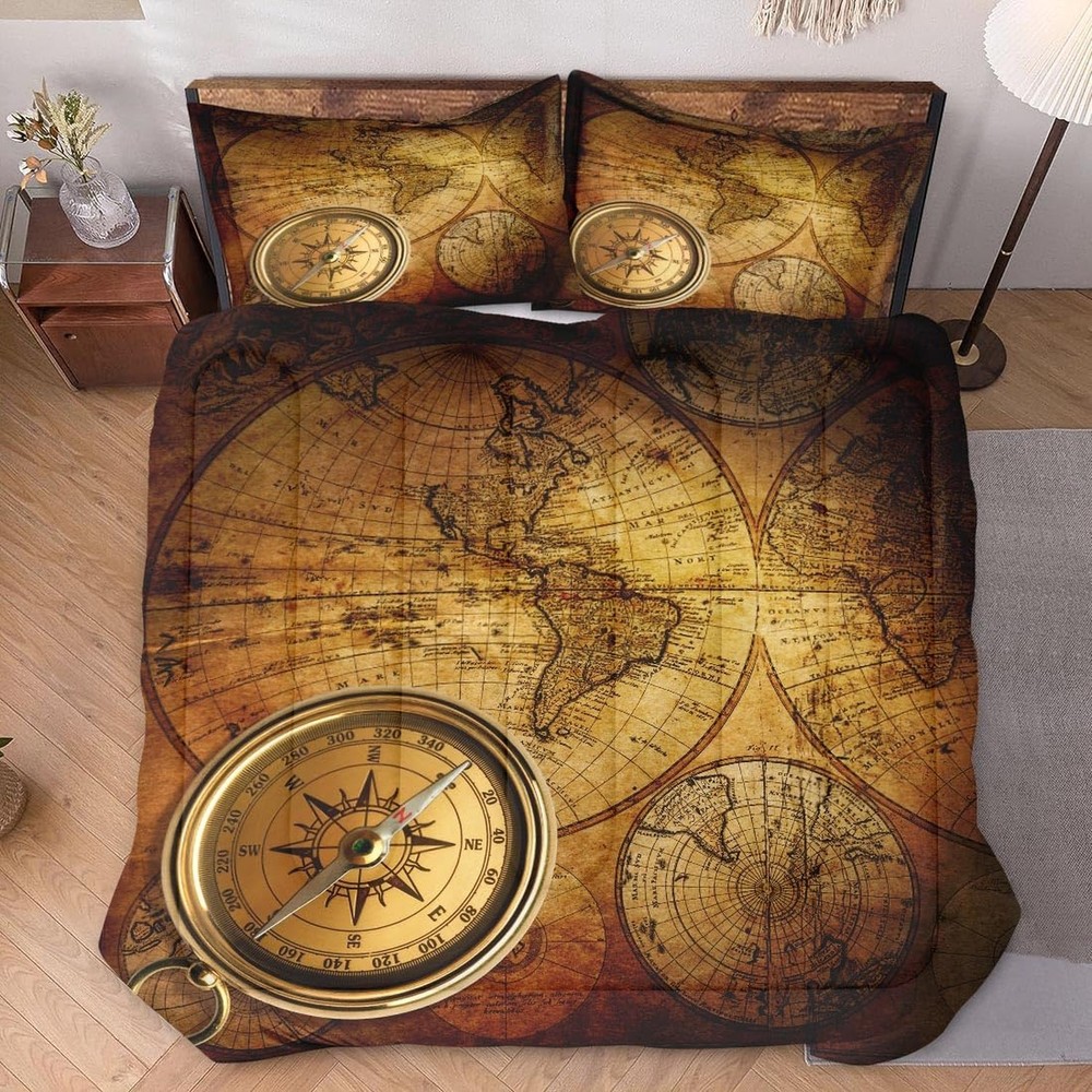 Queen Size Comforter Set with 2 Pillowcases, Vintage Retro World Map Soft 3 P...