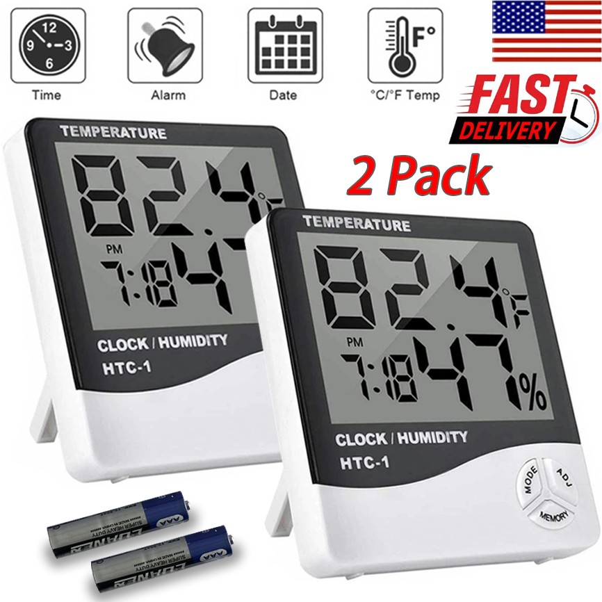 2 Packs Digital LCD Hygrometer Thermometer Humidity Temperature Alarm Clock