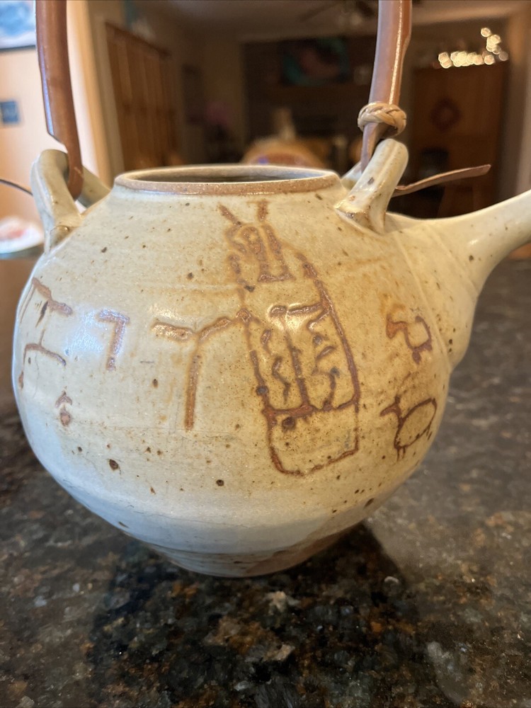 Studio Pottery Teapot with Bamboo Handle Primitive Cave Drawings