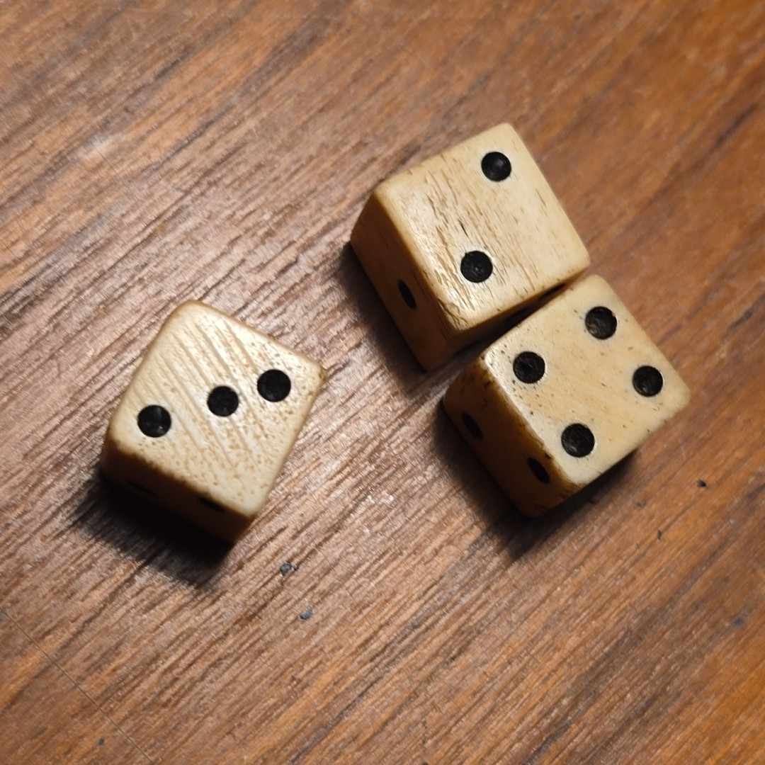 1765 Stamp Act taxed cattle bovine dice with black pips 3 Dice Vintage Hand Cut