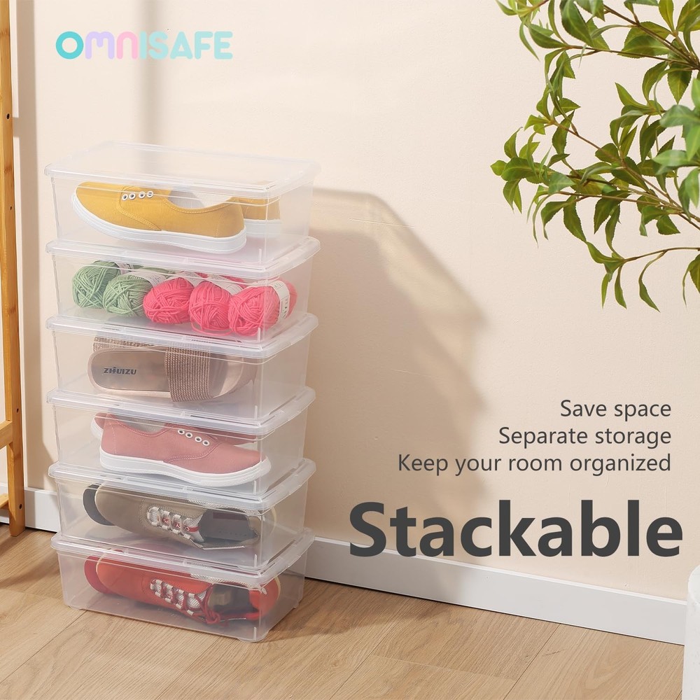 6 Quart Stackable Plastic Storage Shoebox, BPA-Free Nestable Container with L...