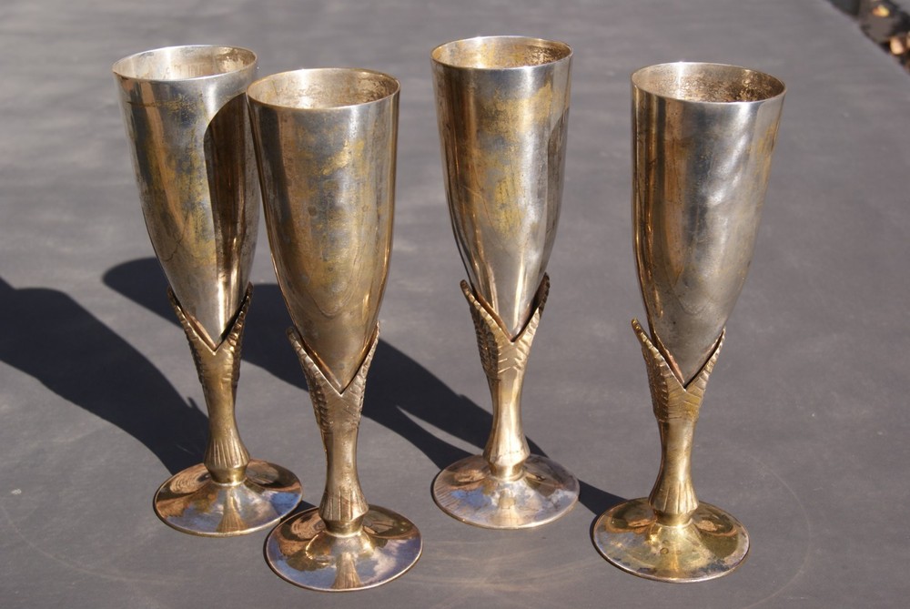 Vintage Godinger 8" Heavy Silver Plated & Brass Flute Goblets, India, Set of 4