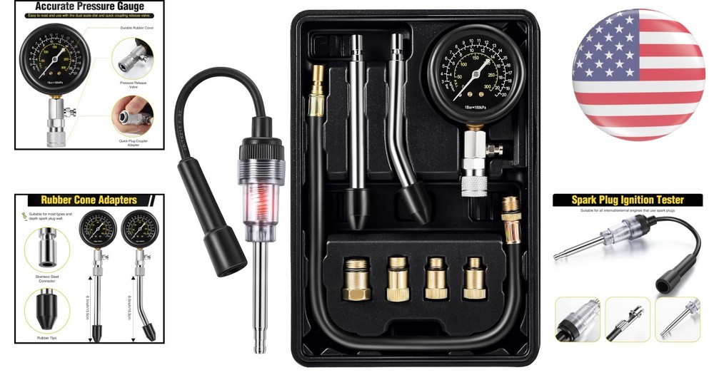 Versatile 9-Piece Automotive Testing Kit: Compression Gauge & Spark Plug Tester