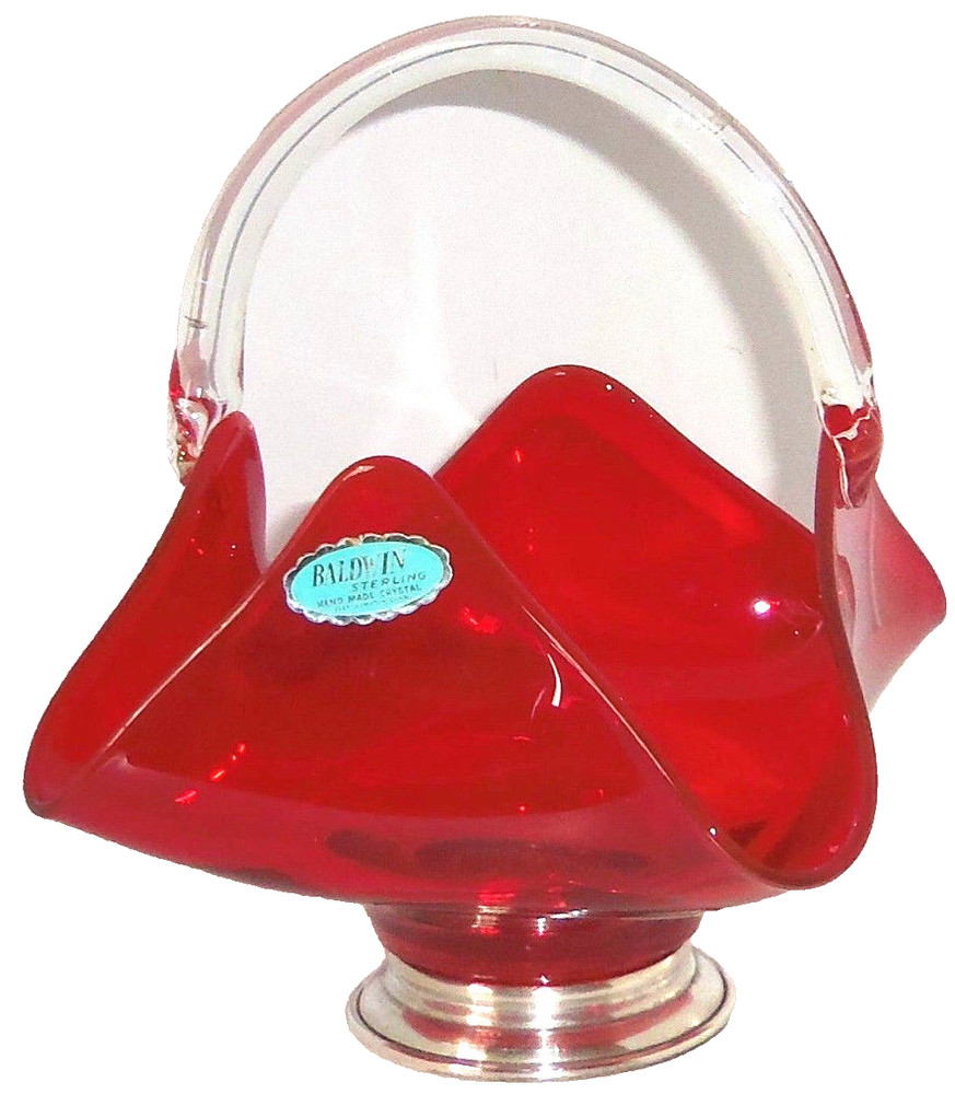 Baldwin Sterling Crystal Ruby Red Basket Clear Handle Silver Base Rare Vintage