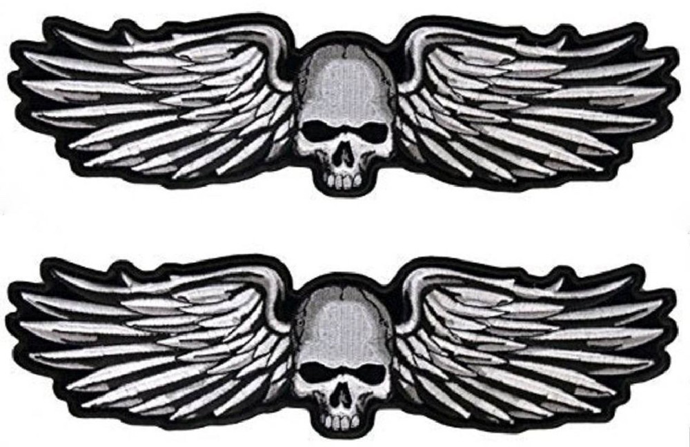 SKULL METAL WINGS EMBROIDERED MORALE PATCH || 2PC HOOK BACKING  5"x2"