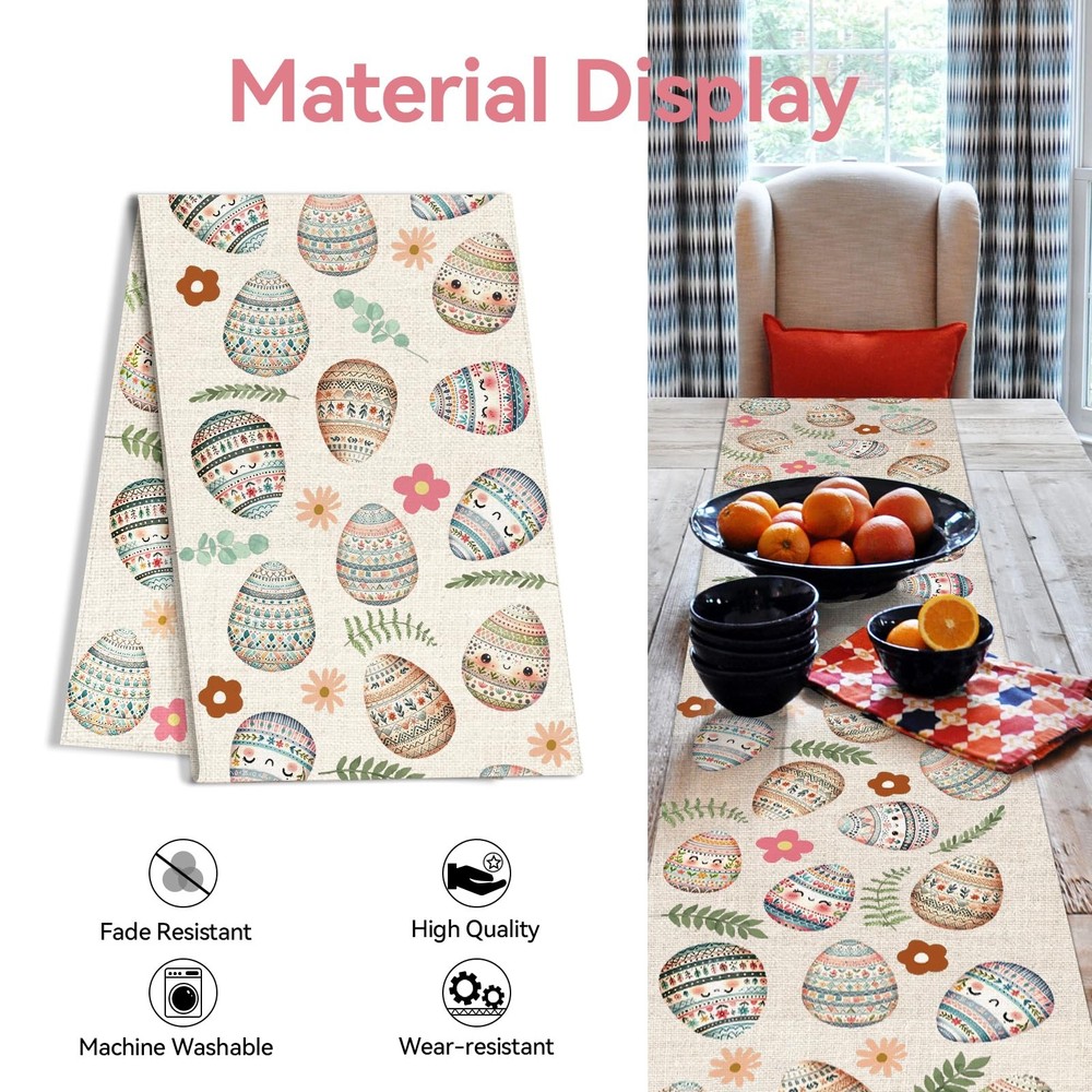 Easter Eggs Table Runner Eggs And Leaves Pattern White 13x72 Inch