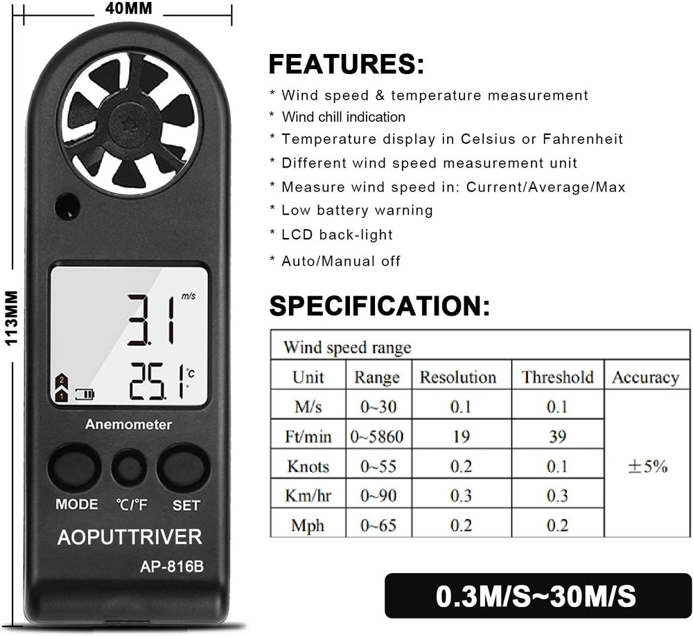 Anemometer Handheld Wind Speed Meter for Measuring Wind Speed Temperature and Ma