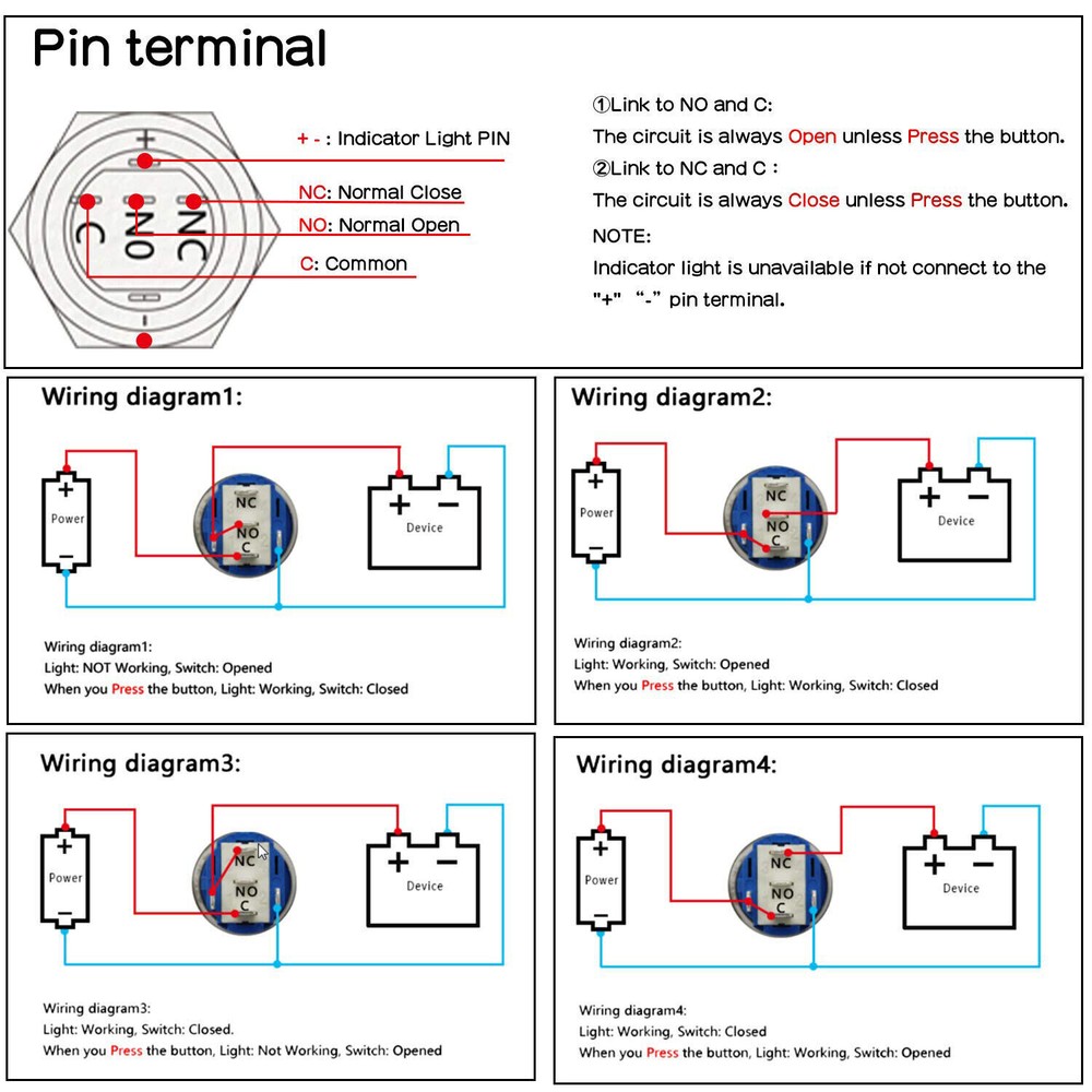 19mm 12V LED ON OFF Push Button Power Switch Latching with Wire Socket HarnessUS
