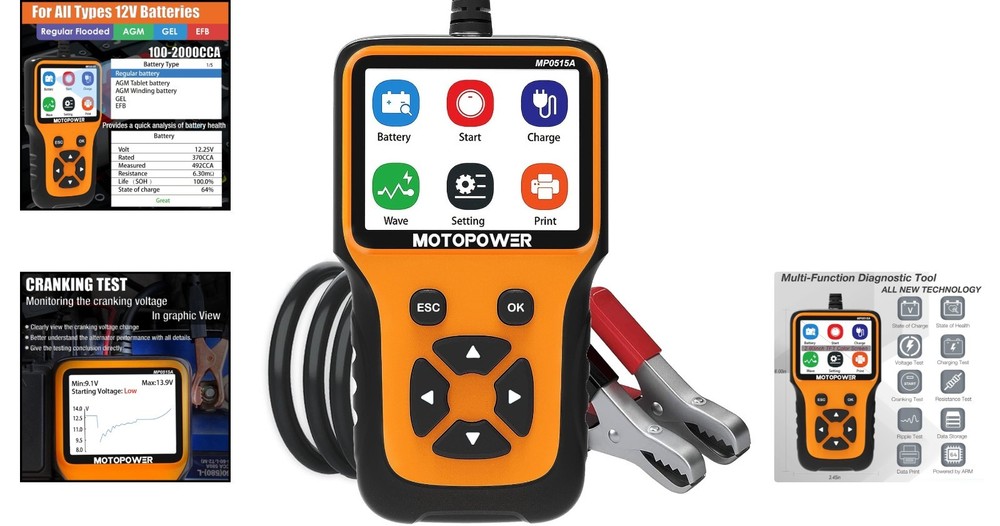 Comprehensive Battery Tester: 12V Cranking & Charging Analyzer with LCD Display
