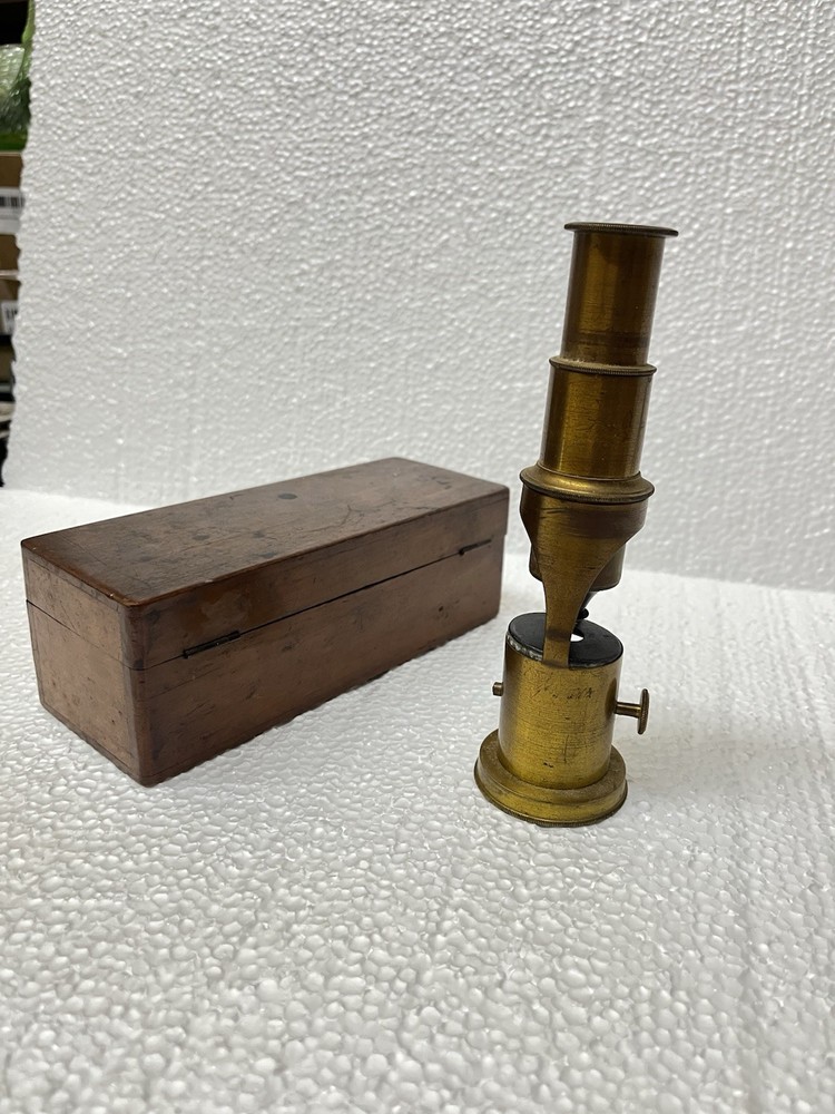 Vtg 1930s English Brass Scientists Field Microscope/ With Solid Boxwood Case