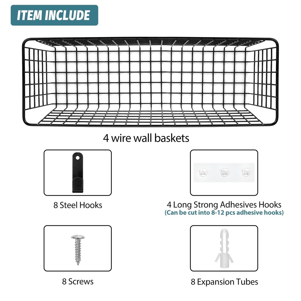 4 Set [EXTRA LARGE] Hanging Wall Mount Storage Baskets Extra Large, Black