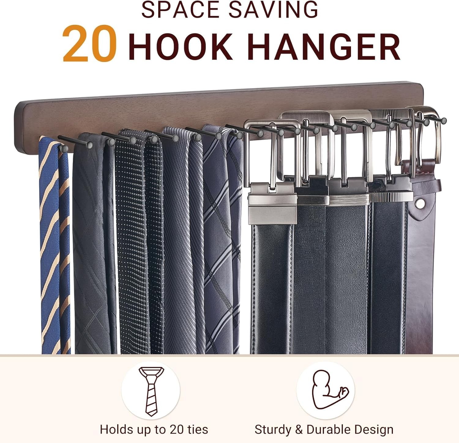 Tie Rack Wall Mounted Belt Hanger Holder Rustic Wood Tie Organizer for Men Close