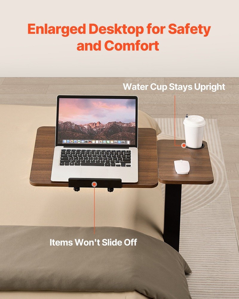 Overbed Table with Flip Top - Adjustable Height & Angle, 4 Wheels, Cup Holder
