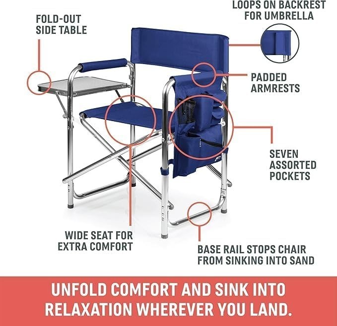 Lightweight Folding Sports Chair with Armrest Caddy and Carry Strap for Outdoors