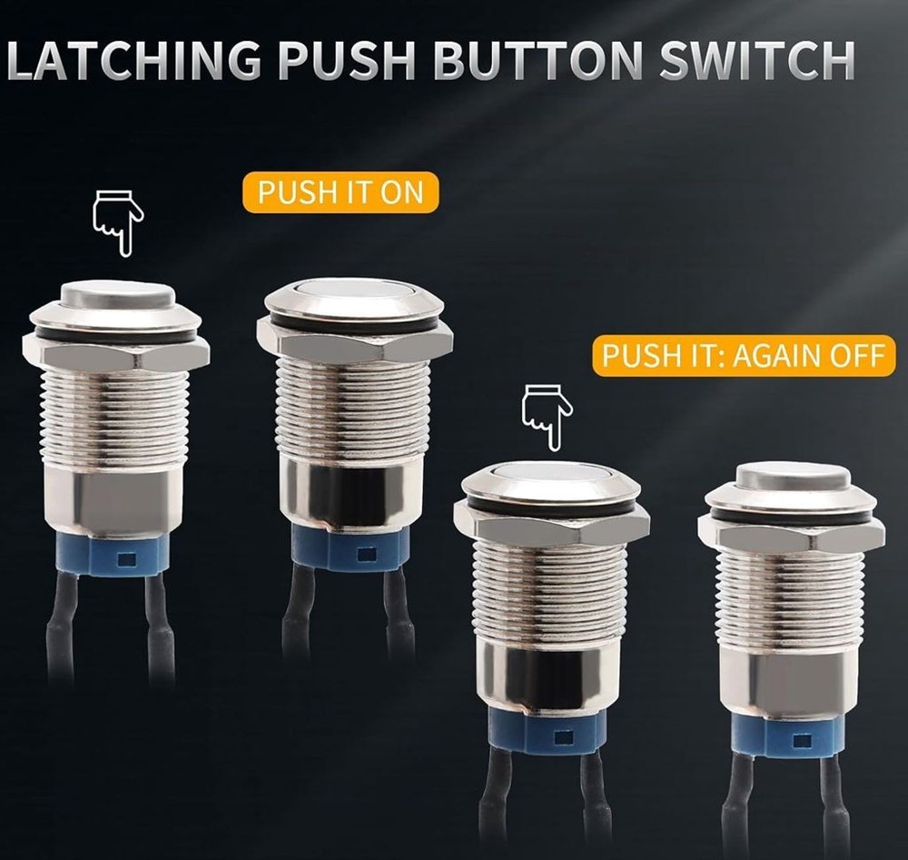 5x 12mm Waterproof Latching Push Button Switch Silver Shell Stainless Steel C600
