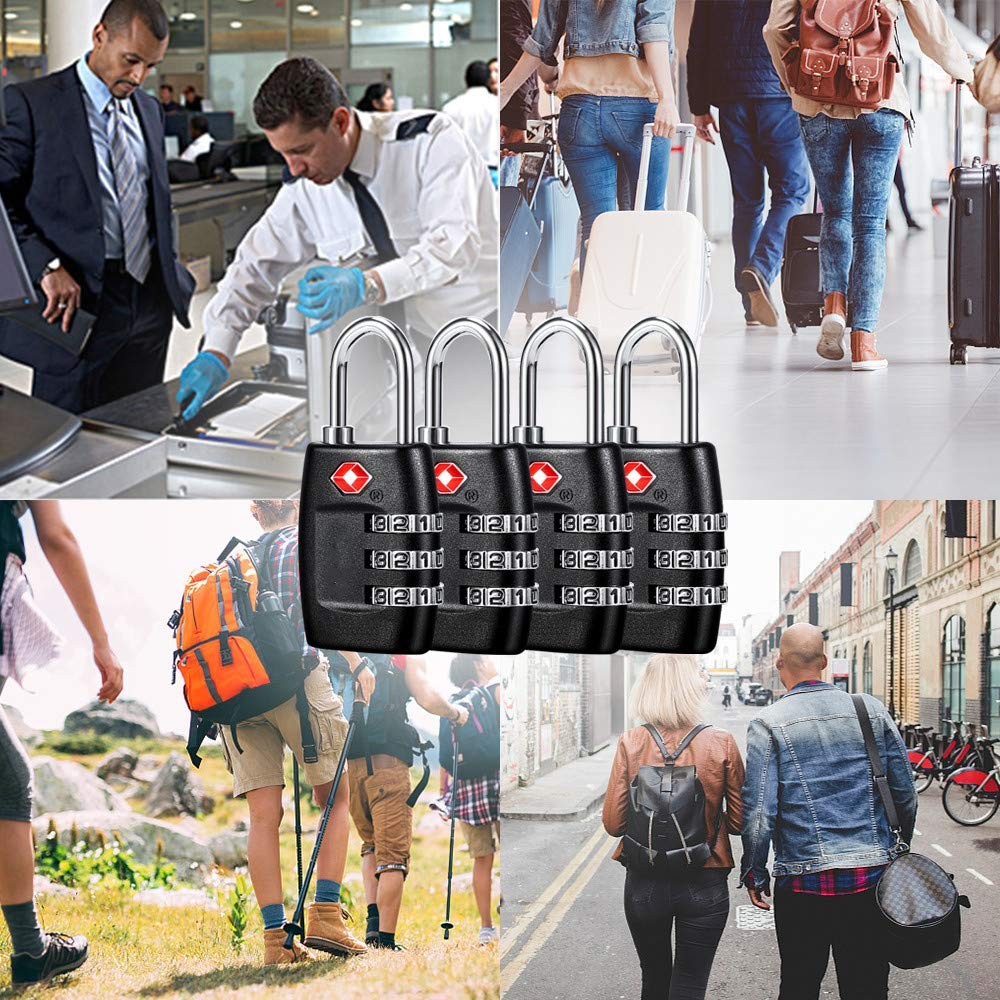 TSA Luggage Locks (4Pack) - 3 Digit Combination Padlocks - Approved Black