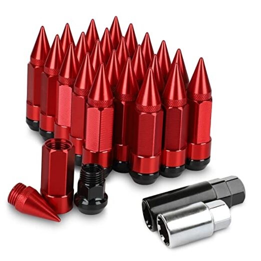 24Pcs Anti Theft Spikes Extended Tuner Wheel/Rims Lug Nut M14X1.5+Socket() Red