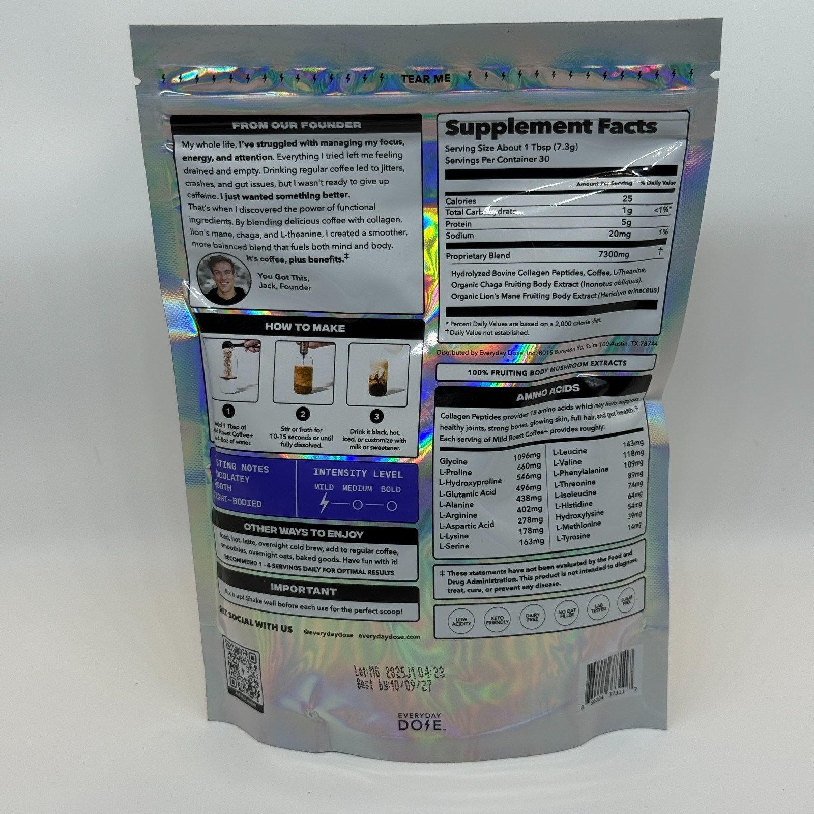 Everyday Dose 30srv Mild Roast Mushroom Coffee+ Exp 10/27 Collagen Nootropics