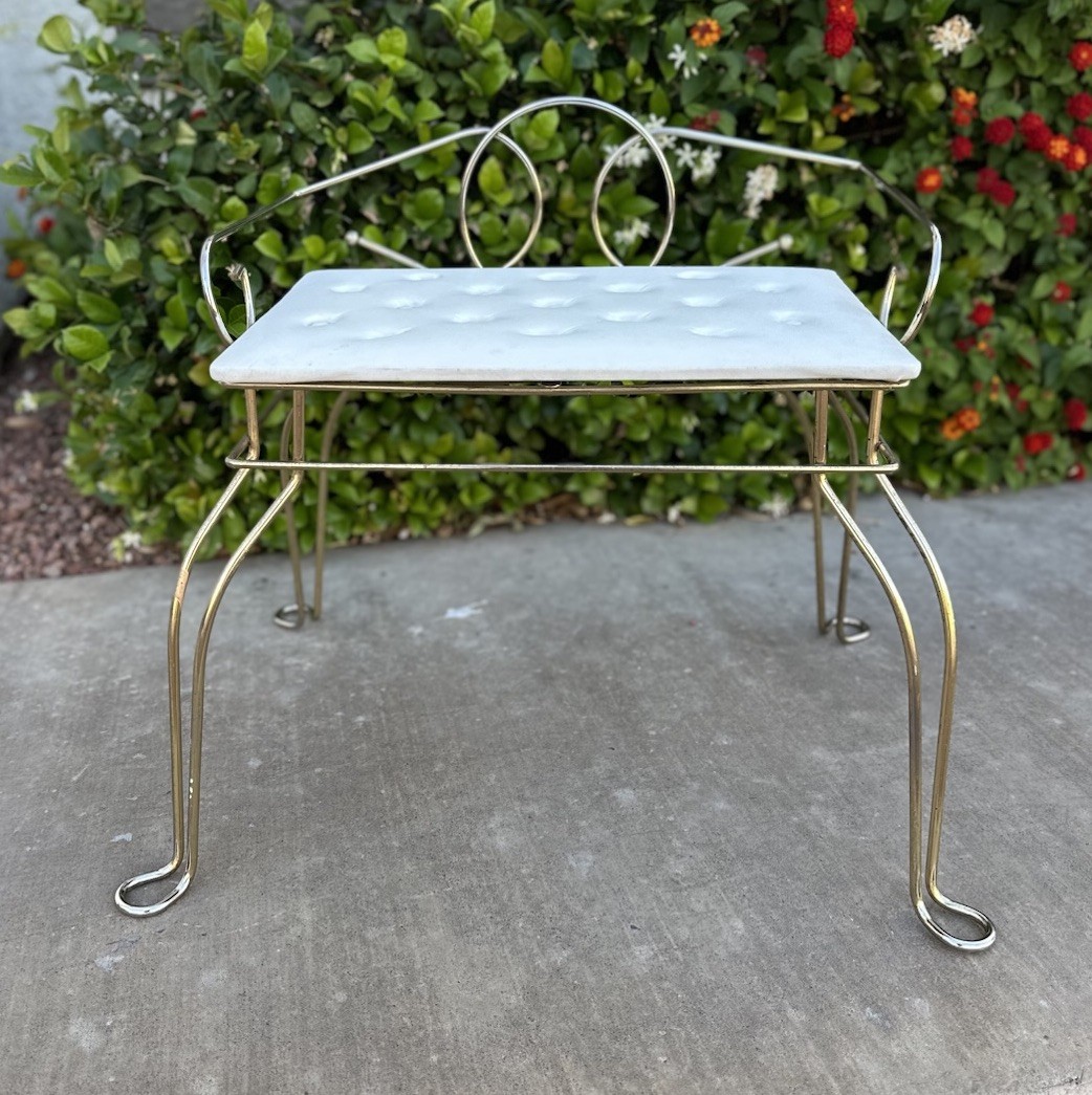 Vanity Bench White Tufted Seat Gold Metal Pearl Wick Vintage Stool