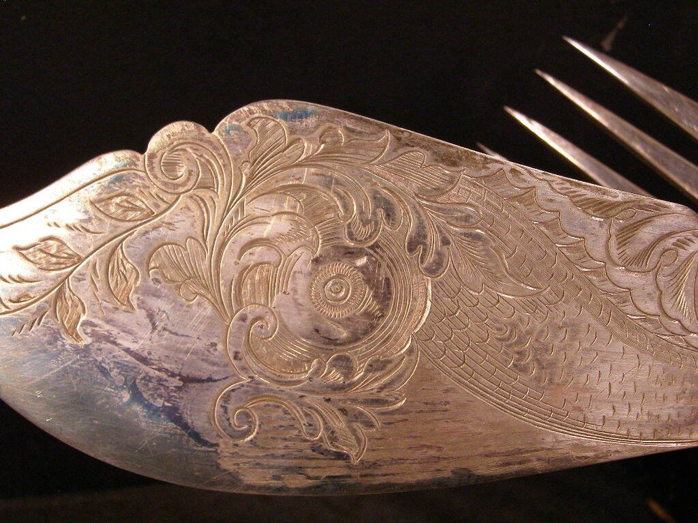 ~19 c Cake Knife Fork Server Chased Silver Serving Box Case Fish Set Sheffield~